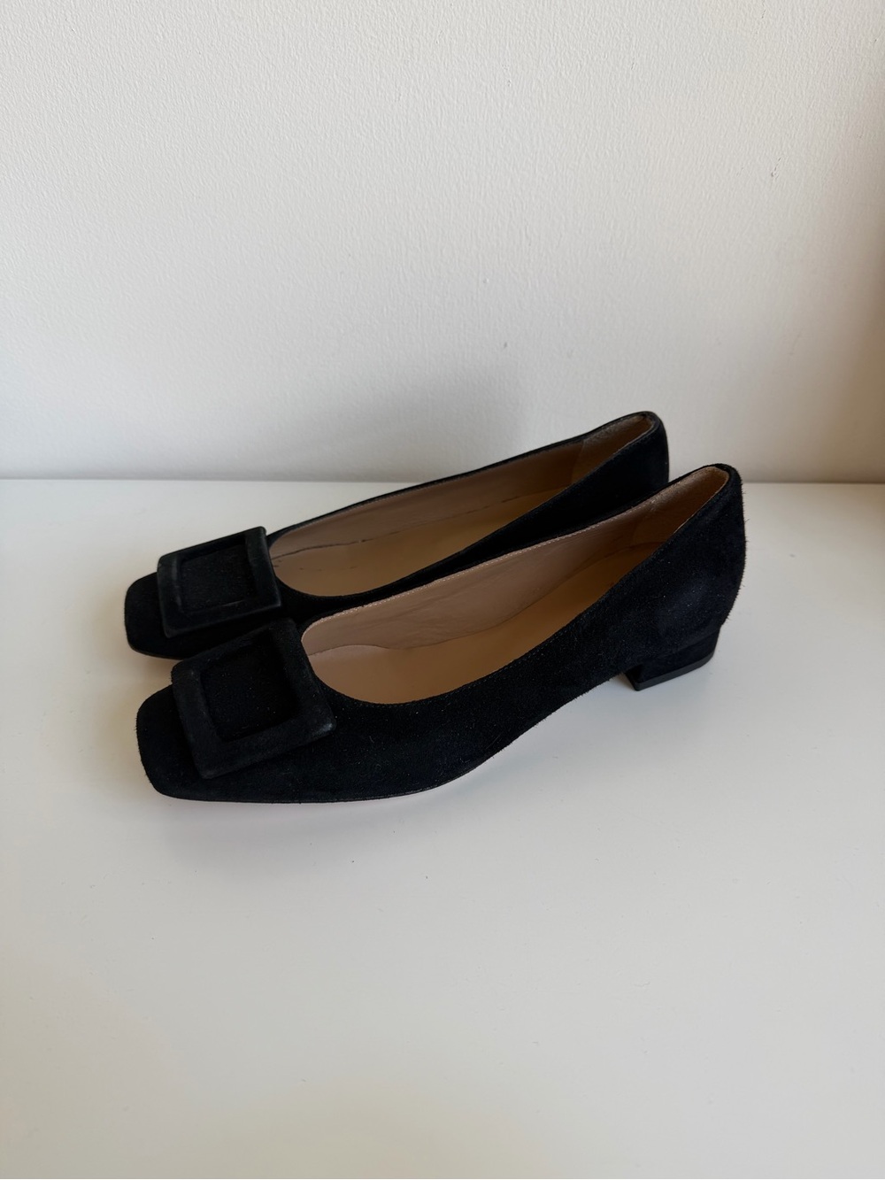 ANN MASHBURN Black Suede Square-Toe Flats with Buckle